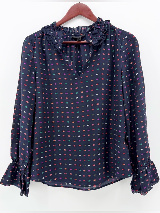 J. Crew Tops - J.Crew EUC 100% Silk Ruffle Neck Lip Print Blouse Navy Rainbow Kisses Size 2